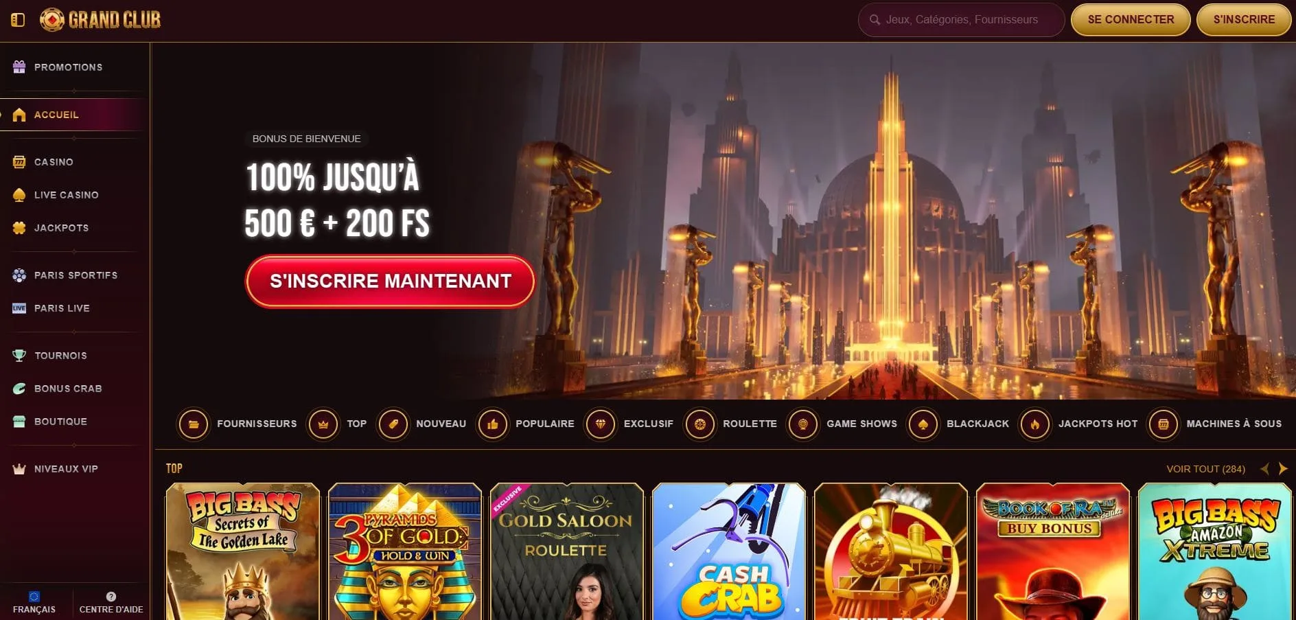 Grand Club Casino Avis 2026 – Bonus 500€ + 200FS + 1BC