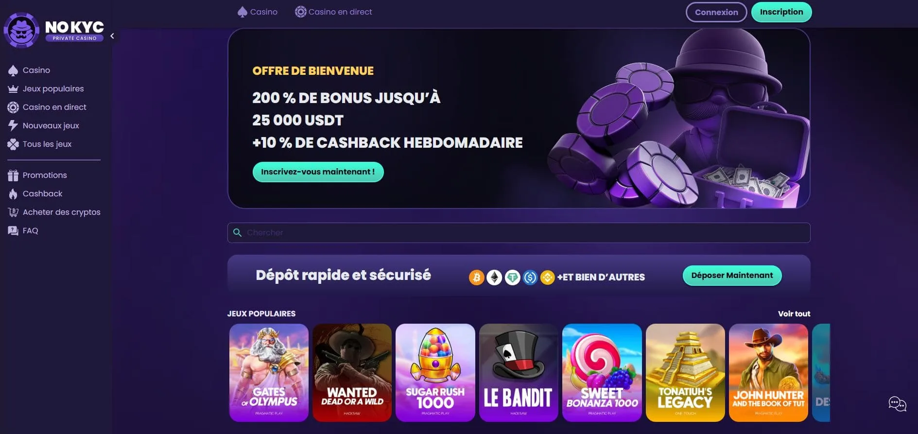 No KYC Casino Avis 2026 : Bonus 25 000 USDT + 10 % Cashback