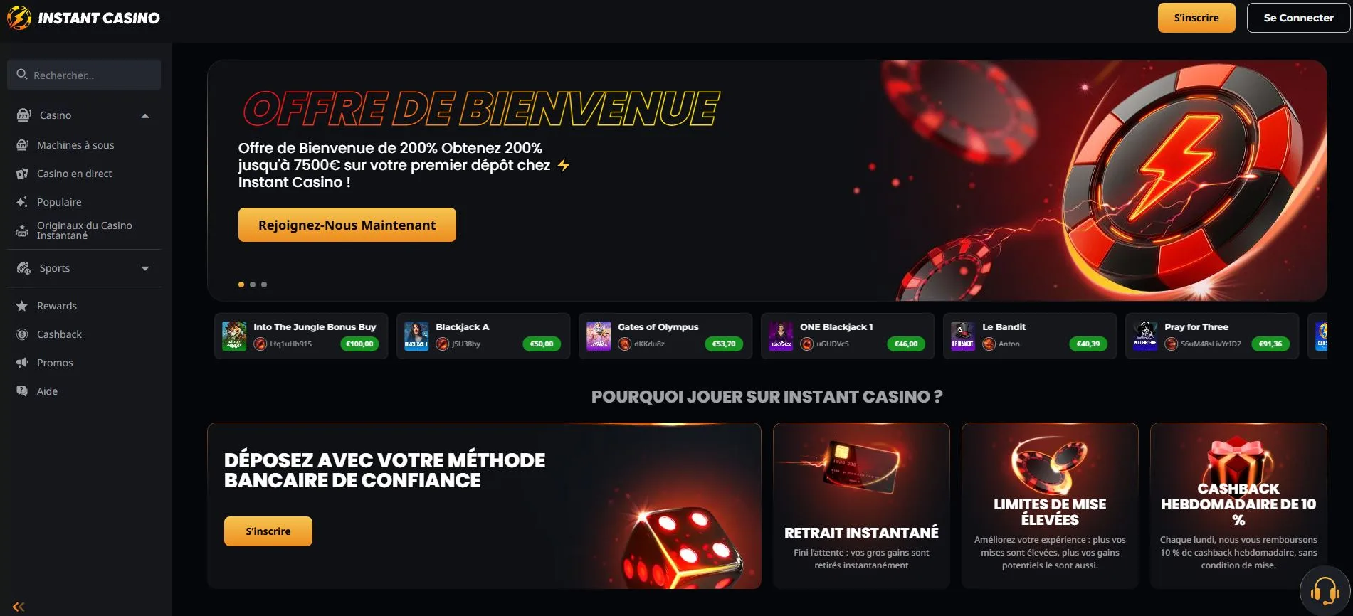 Instant Casino Avis 2026 – Bonus jusqu’à 7 500 € + Cashback