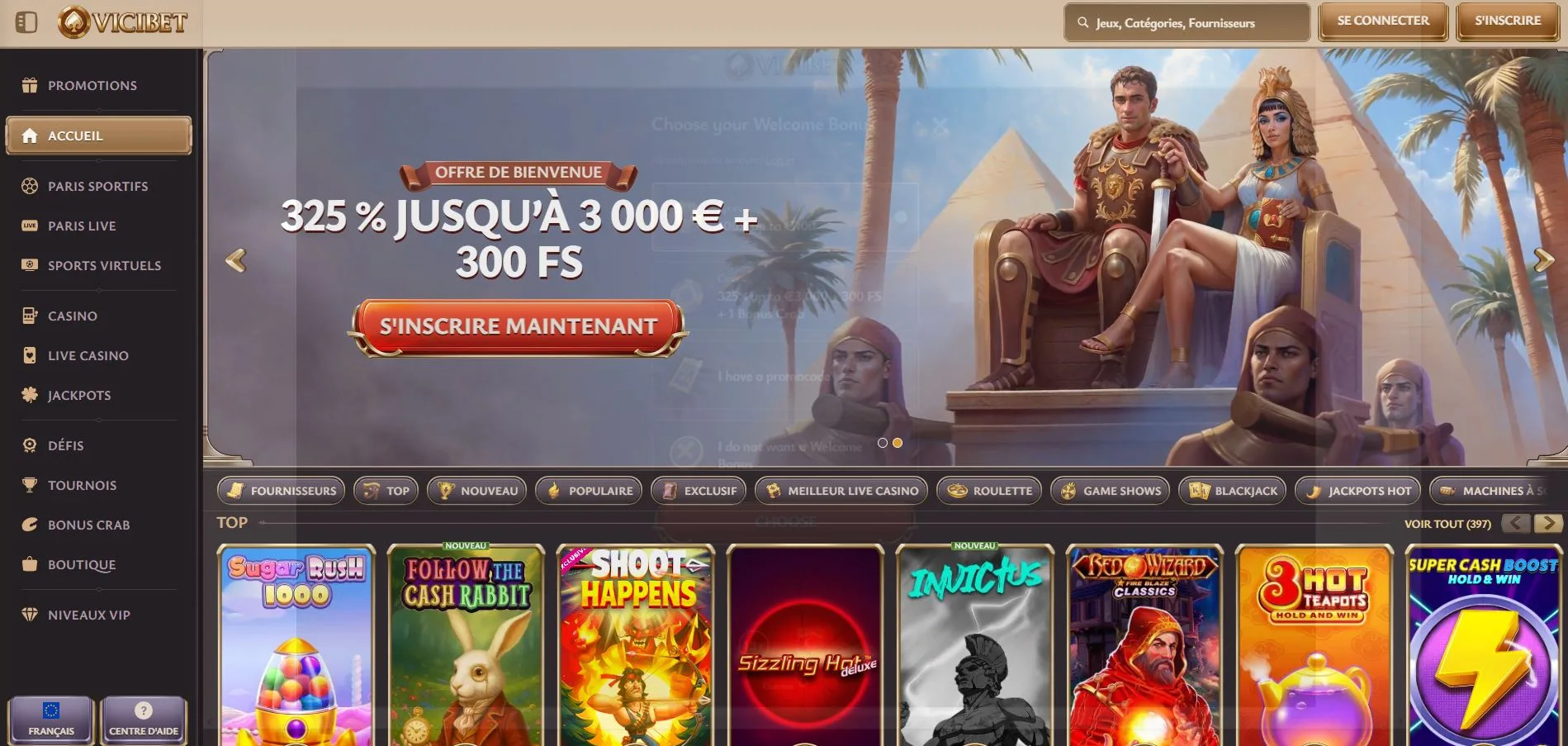 Vicibet Casino Avis 2026 : Bonus 3 000 € + 300 FS + 1 BC