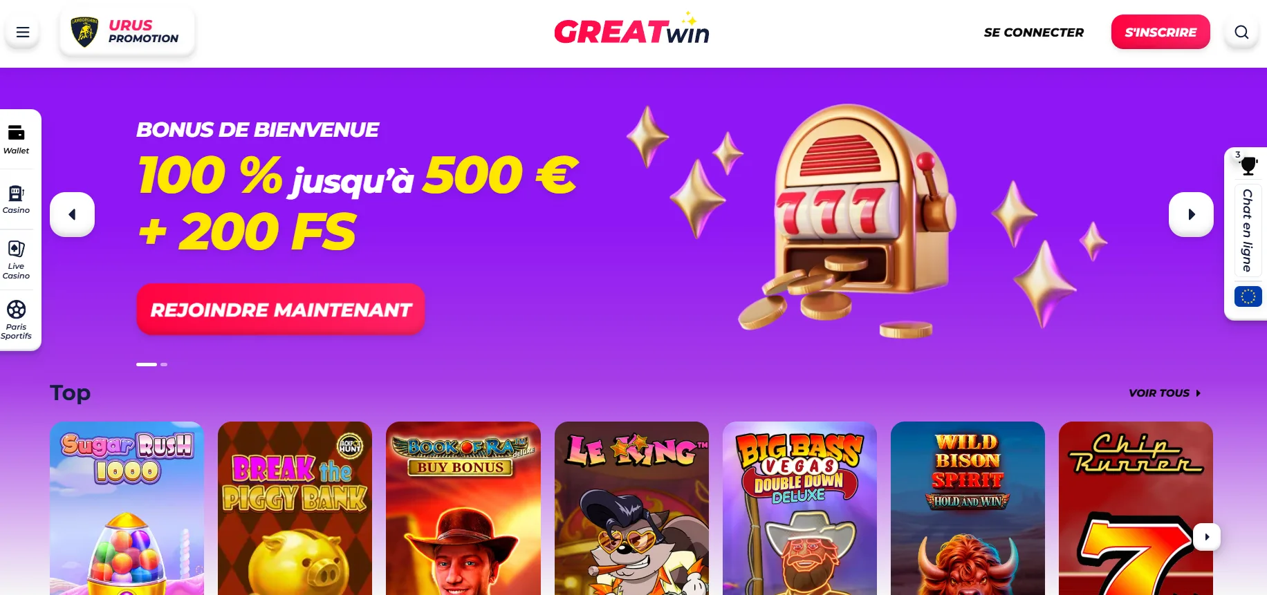 Avis GreatWin Casino : Test et bonus jusqu’à 500 € + 200 FS