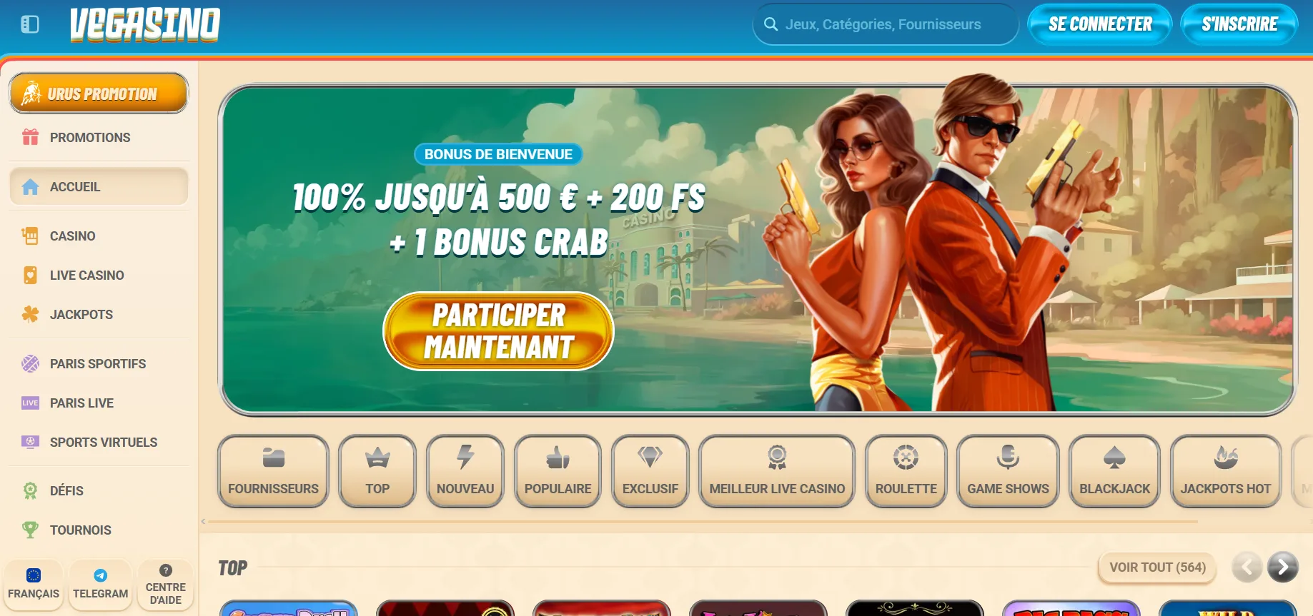 Avis Vegasino Casino : Bonus jusqu’à 500 € + 200 FS + 1 BC
