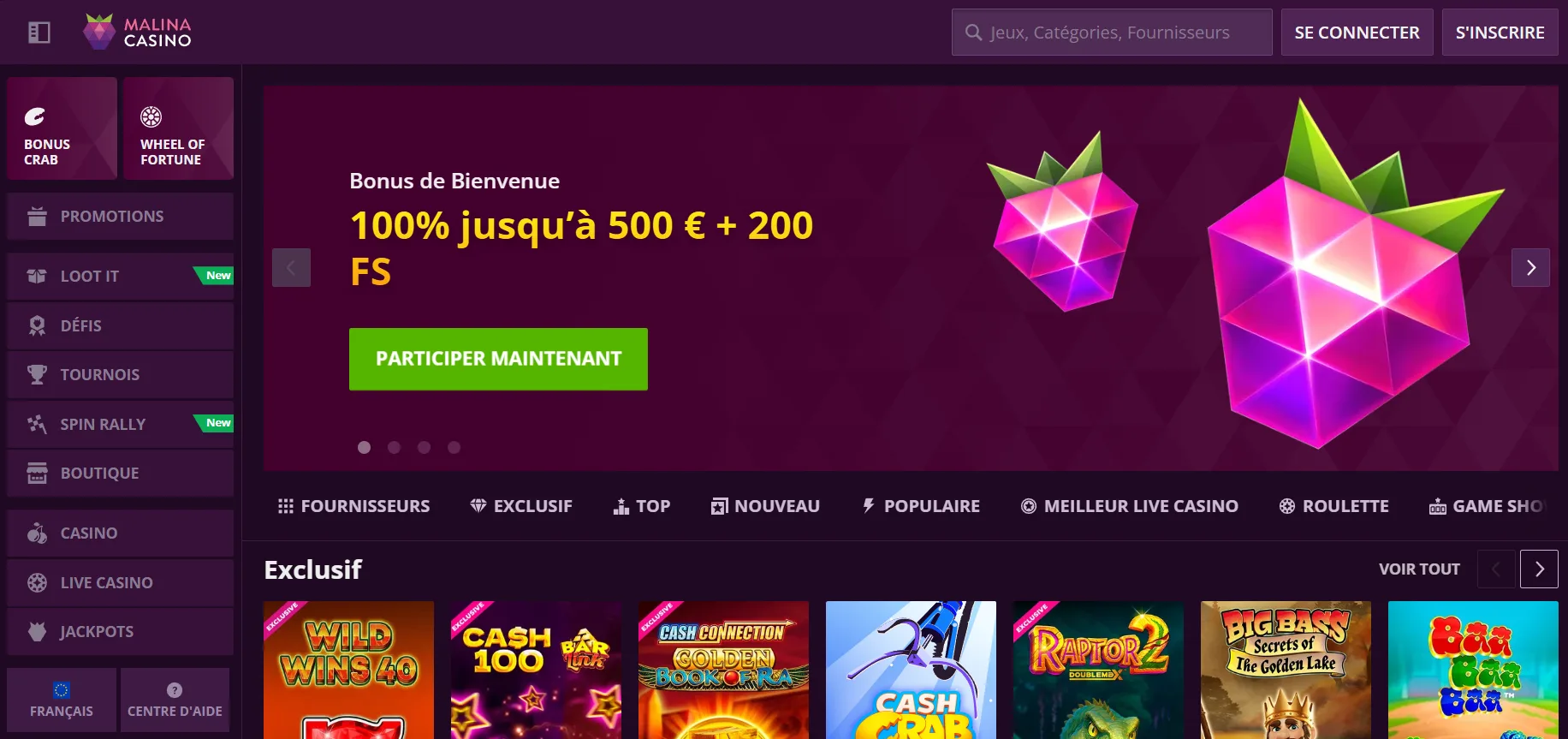 Malina Casino Avis 2026 : Bonus 500 € + 200FS + 1 bonus crab
